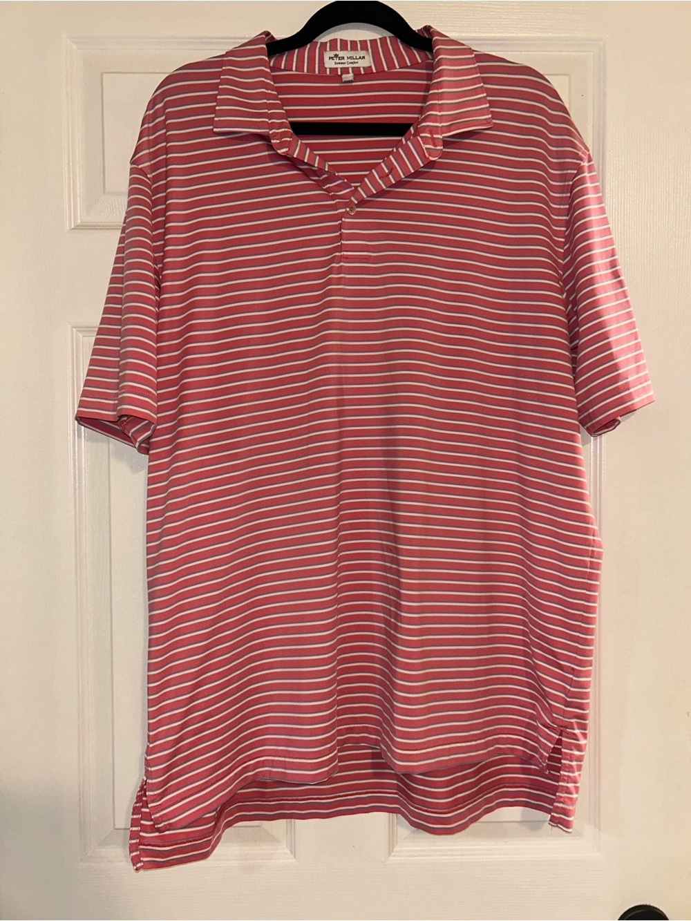 Peter Millar Coral, Blue, and White Striped Polo Shirt